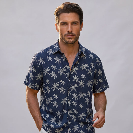 Chemise Hawaïenne Palmiers Bleu Marine