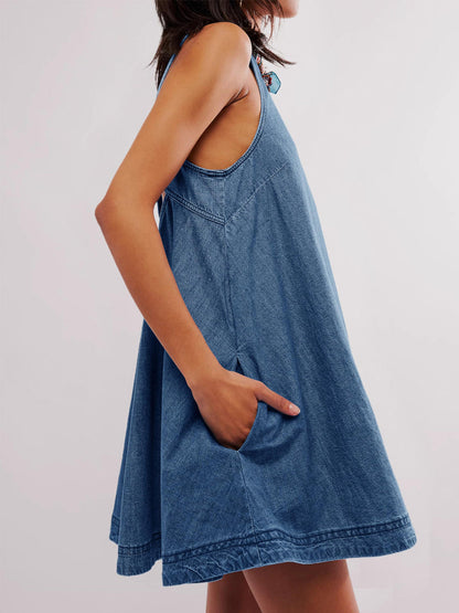 Nancy | Robe Courte en Denim sans Manches à Dos Nu