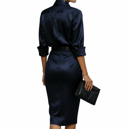 Vestido azul marino satinado trasera