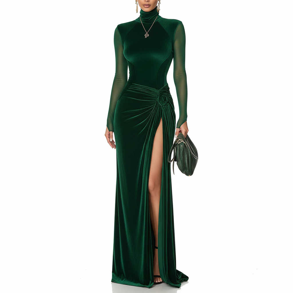 Vestido verde esmeralda terciopelo frontal