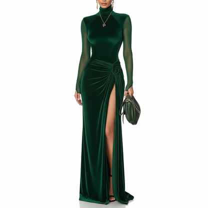 Vestido verde esmeralda terciopelo frontal