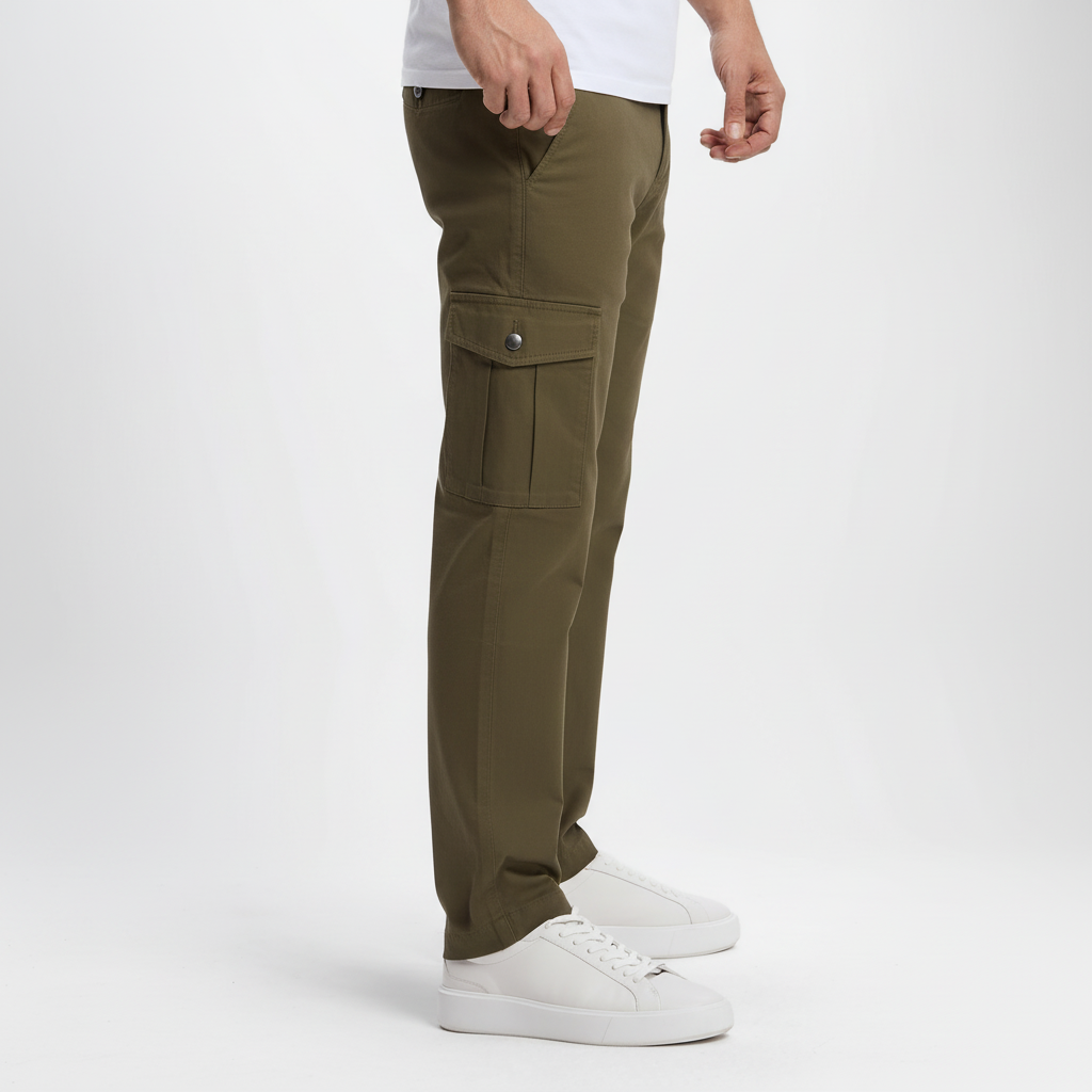 Vista lateral pantalones cargo verde oliva mejorado